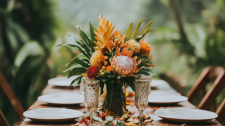 A stunning floral centerpiece featuring vibrant flowers sets the tone for an elegant outdoor dining experience, perfect for celebrations and gatherings.の素材