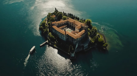 An aerial photograph captures a serene island resort surrounded by tranquil waters. The lush greenery and architectural beauty create a perfect getaway destination.の素材