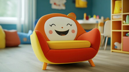 A cheerful cartoon chair designed for children's rooms, featuring bright colors and a friendly smile. Perfect for play or relaxation in a creative space.の素材