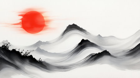 This artwork features a tranquil landscape with a striking red sun and flowing mountains, capturing the beauty of nature in an abstract design.の素材