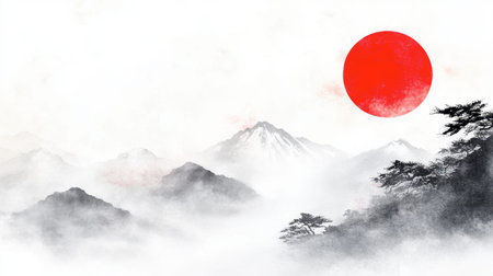 A serene landscape featuring a bold red sun setting behind misty mountains. This artistic illustration evokes tranquility and beauty in nature, ideal for peaceful themes.の素材