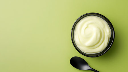 A top view of creamy whipped texture in a black bowl, accompanied by a sleek spoon on a vibrant green background. Perfect for culinary presentations.の素材