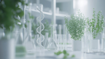 This image showcases a laboratory environment featuring a DNA model and green plants, symbolizing the intersection of science and nature. Ideal for educational and research themes.の素材