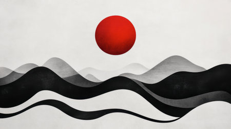 A striking minimalist landscape featuring a red sun above flowing black waves, creating a harmonious balance of color and form, ideal for artistic backgrounds.の素材