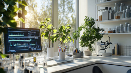 A bright laboratory workspace featuring plants, modern technology, and organized equipment. This inviting environment promotes creativity and research.の素材