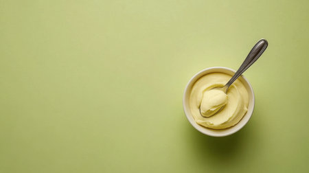 A creamy yellow dessert in a white bowl with a spoon, set against a soft green background. Perfect for food photography, this image conveys freshness and indulgence.の素材