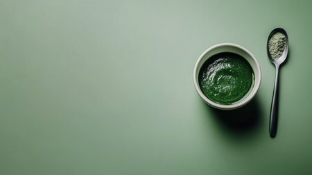 A vibrant green smoothie bowl accompanied by a spoon on a soft background, symbolizing health and nutrition. Perfect for wellness and lifestyle themed projects.の素材