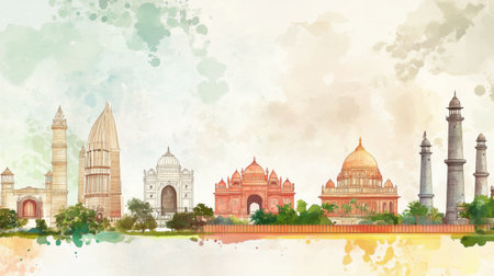 This vibrant illustration showcases iconic landmarks of India in a colorful watercolor style, celebrating the country's cultural heritage and beauty.の素材