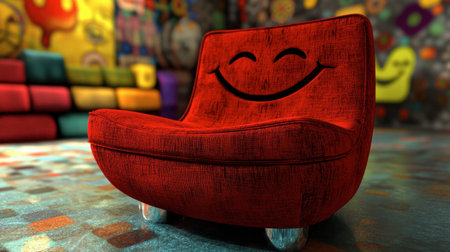 This playful red couch with a smiling face adds a cheerful touch to a colorful interior, creating a fun and inviting atmosphere suitable for various spaces.の素材