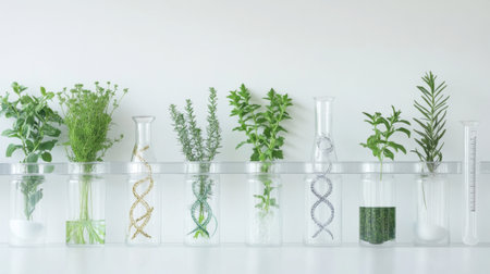 A modern laboratory display featuring various green plants in laboratory glassware, symbolizing the fusion of nature and science for research and innovation.の素材