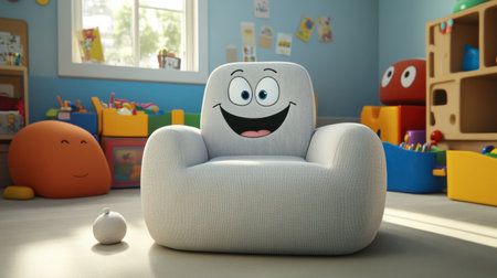 This cheerful cartoon-style chair features a happy face, creating a playful atmosphere in a colorful playroom filled with toys and playful decor.の素材