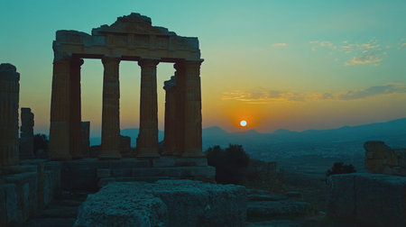 A breathtaking view of ancient ruins silhouetted against a vibrant sunset, highlighting historical architecture and serene landscapes. Ideal for travel and heritage themes.の素材