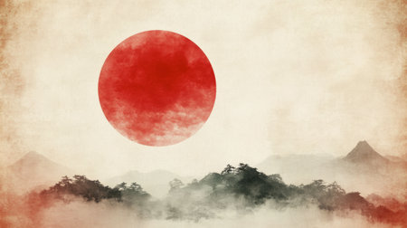 This serene landscape features a large red sun rising behind misty mountains, creating a tranquil atmosphere. Perfect for art, nature themes.の素材