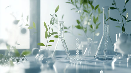 A serene laboratory scene featuring glassware amidst fresh greenery. This composition highlights the interaction between science and nature, showcasing a tranquil environment ideal for innovative research.の素材