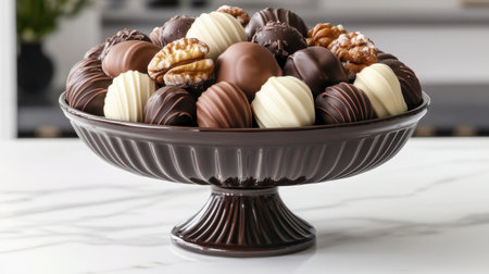 A beautifully arranged bowl of assorted chocolates featuring creamy, dark, and white varieties, perfect for celebrations or desserts.の素材
