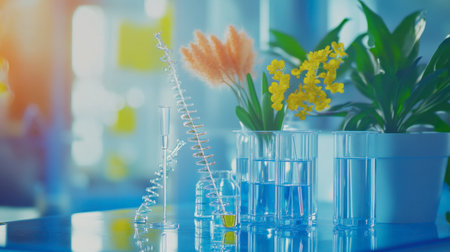 A vibrant laboratory setup showcasing glassware and colorful plants. Perfect for illustrating themes of science, research, and nature in modern environments.の素材