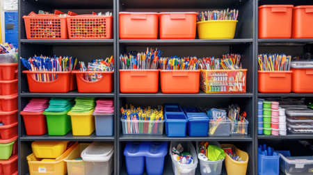 Brightly colored bins filled with various office supplies showcase an organized workspace. Ideal for classrooms, creative spaces, or home offices.の素材