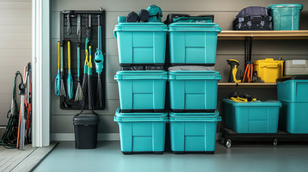 A well-organized garage featuring bright blue storage bins, tools, and shelving, ideal for decluttering and maximizing space efficiency in a home setting.の素材