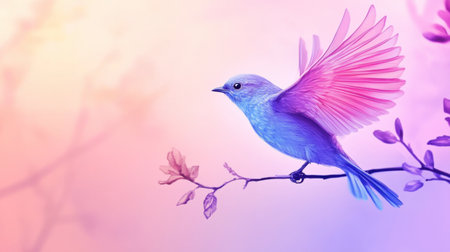 A stunning illustration of a colorful bird perched on a branch. The vibrant wings and soft background create a peaceful and serene atmosphere, ideal for artistic themes.の素材