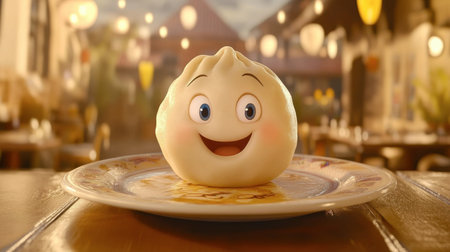 A cheerful cartoon dumpling with a big smile sits on a plate, creating a playful and inviting atmosphere in a cozy restaurant setting. Perfect for food-related content.の素材