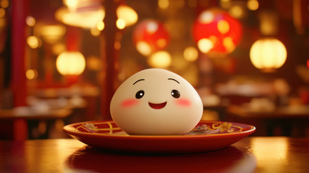 A cute cartoon dumpling character with a joyful expression sits on a plate in a cozy restaurant setting, surrounded by warm lighting and vibrant decor.の素材
