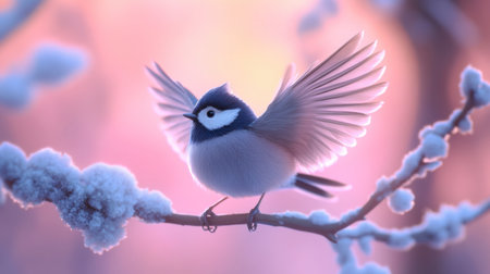 A lovely bird perched on a frosty branch, wings spread wide against a soft pastel sunrise. This serene winter scene captures the essence of nature's beauty.の素材