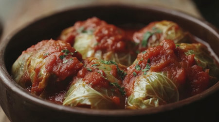 Savory stuffed cabbage rolls, simmered in rich tomato sauce, make a perfect meal for family gatherings. Enjoy the warmth of homemade comfort food.の素材