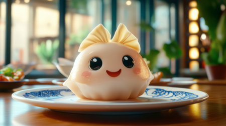 A charming dumpling with a joyful expression sits on a decorative plate, showcasing the fun side of Asian cuisine. Perfect for food-related themes.の素材