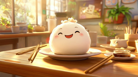 A charming and cute dumpling character with a joyful expression sits on a plate surrounded by a warm and inviting dining atmosphere. Perfect for food-related themes.の素材