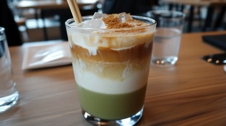 This visually appealing glass showcases a layered ice coffee drink with matcha, milk, and coffee. Perfect for cafes, desserts, and refreshing moments.の素材