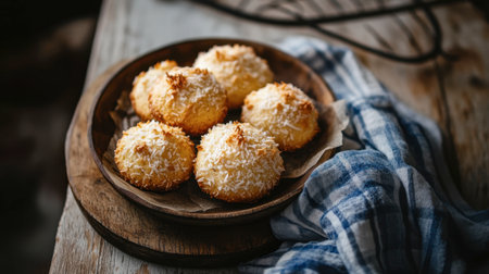 A plate of fresh coconut cookies, golden and fluffy, evokes a rustic charm. Perfect for gatherings or as a sweet snack, these cookies shine in any setting.の素材
