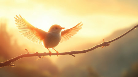 A serene bird with outstretched wings perches on a branch, illuminated by a vibrant sunrise, capturing a moment of tranquility in nature.の素材