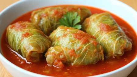 Savory cabbage rolls stuffed with a flavorful filling, served in rich tomato sauce. A comforting dish perfect for any meal or gathering. Enjoy!の素材