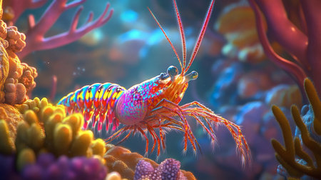 A beautifully colored lobster rests among vibrant coral formations in an underwater paradise, showcasing the diversity and beauty of marine life.の素材