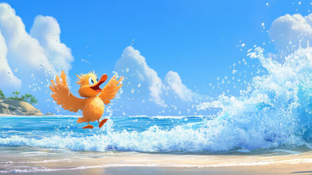 A cheerful cartoon duckling frolics at the beach, enjoying the waves and sunshine. This vibrant scene captures the essence of summer fun and adventure.の素材