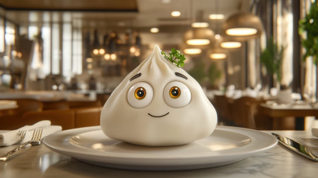 A charming dumpling character with a smiling face sits on a plate in a stylish restaurant setting, ready to charm diners in a creative and inviting atmosphere.の素材