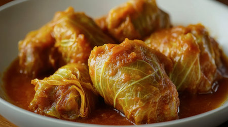 A close-up view of savory cabbage rolls filled with a flavorful mixture, elegantly presented in a rich sauce. Perfect for showcasing a hearty dish.の素材