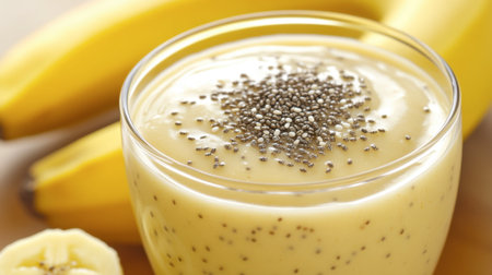 A creamy banana smoothie topped with chia seeds, perfect for a healthy snack or breakfast. Enjoy the vibrant flavors and nutritious benefits.の素材