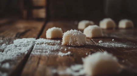 A close-up view of soft white treats scattered on a rustic wooden surface, highlighting their fluffy texture and inviting appearance as a delicious dessert option.の素材
