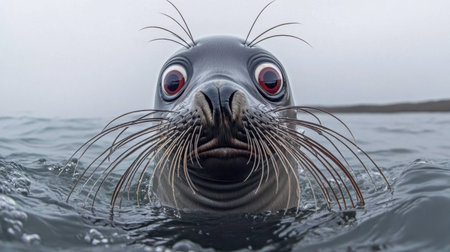 A charming seal peeks above the water surface, showcasing its captivating eyes and whiskers. This close-up captures the essence of marine wildlife and nature's beauty.の素材