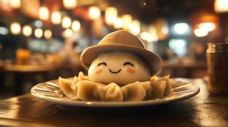 A charming dumpling character with a smile and a hat sits on a plate, capturing the cozy ambiance of a restaurant, perfect for food lovers.の素材