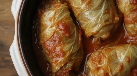 Tasty stuffed cabbage rolls nestled in rich tomato sauce, perfect for a comforting meal. Ideal for dinner parties or family gatherings. Enjoy the flavors!の素材