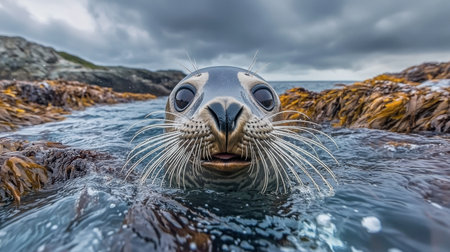 A curious seal emerges from the water, showcasing its playful nature. This captivating marine scene highlights the beauty of wildlife in a coastal environment.の素材
