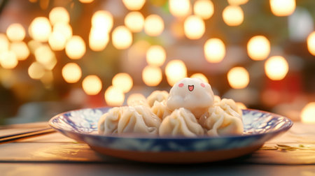 A cheerful plate of dumplings featuring a playful character sits against a warm, glowing background, perfect for food lovers and festive occasions.の素材