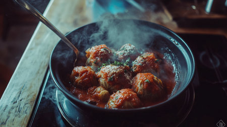 A steaming bowl of delicious meatballs with rich tomato sauce, perfect for a comforting dinner. The dish features fresh ingredients and aromatic herbs.の素材