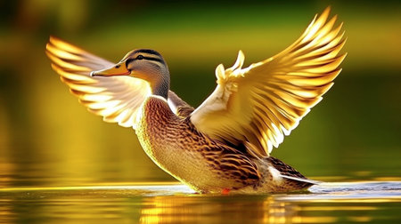 A beautiful duck spreads its wings over tranquil waters at sunset, showcasing vibrant feathers. The serene scene captures nature's beauty.の素材