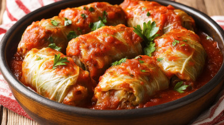 Delicious cabbage rolls filled with savory ingredients, topped with rich tomato sauce and fresh parsley, perfect for a comforting meal any day.の素材