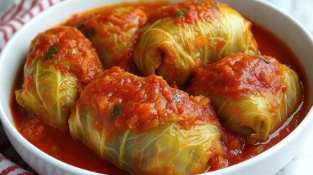 Enjoy a plate of savory cabbage rolls filled with delicious ingredients, all enveloped in a rich tomato sauce, ideal for any meal gathering.の素材