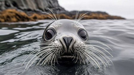 A curious seal gazes out of the calm waters, showcasing its charming whiskers and expressive eyes in this captivating underwater scene.の素材