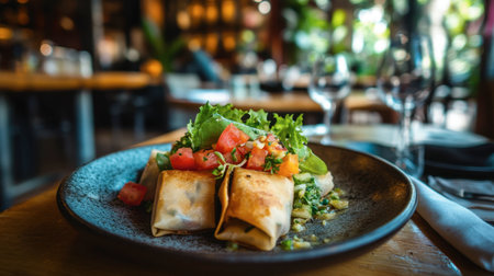 A mouth-watering plate of fresh tacos served with vibrant garnishes and a side salad, perfect for dining experiences in a modern restaurant setting.の素材